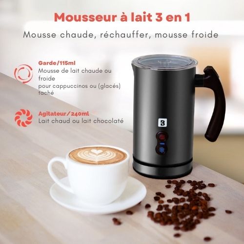 KitchenBrothers Mousseur à lait électrique - Pour Cappuccino et Latte -3 en 1 : mousse chaude ou froide, chauffage - 240 ML - Noir