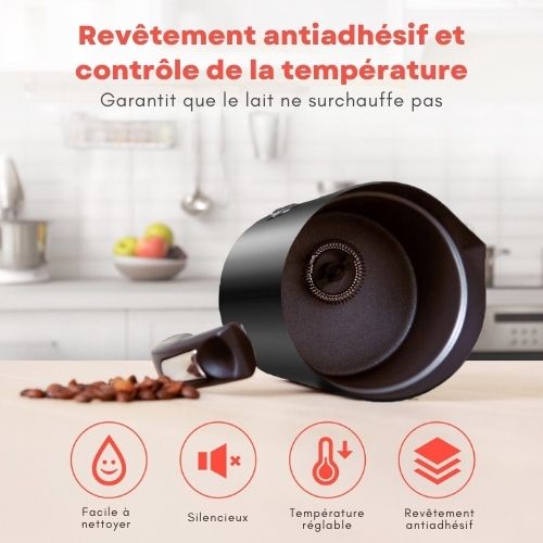 KitchenBrothers Mousseur à lait électrique - Pour Cappuccino et Latte -3 en 1 : mousse chaude ou froide, chauffage - 240 ML - Noir