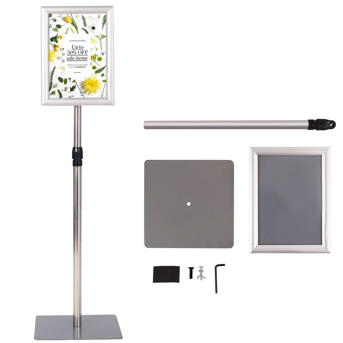 support d'information sur les côtes A4 - réglable 73,5-118 cm - argenté - set de 2 avec cadre pour poster