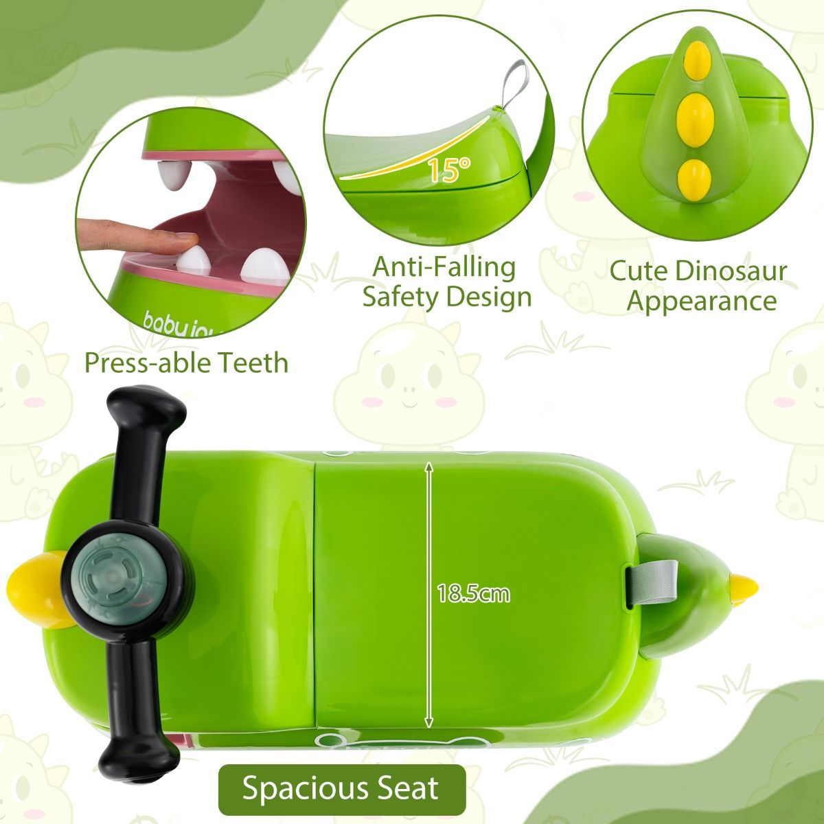Coast Toddler Seat-Toy Vehicle with Storage, Light & Sound - Dino Design - Green - 52 × 23.5 × 38 cm