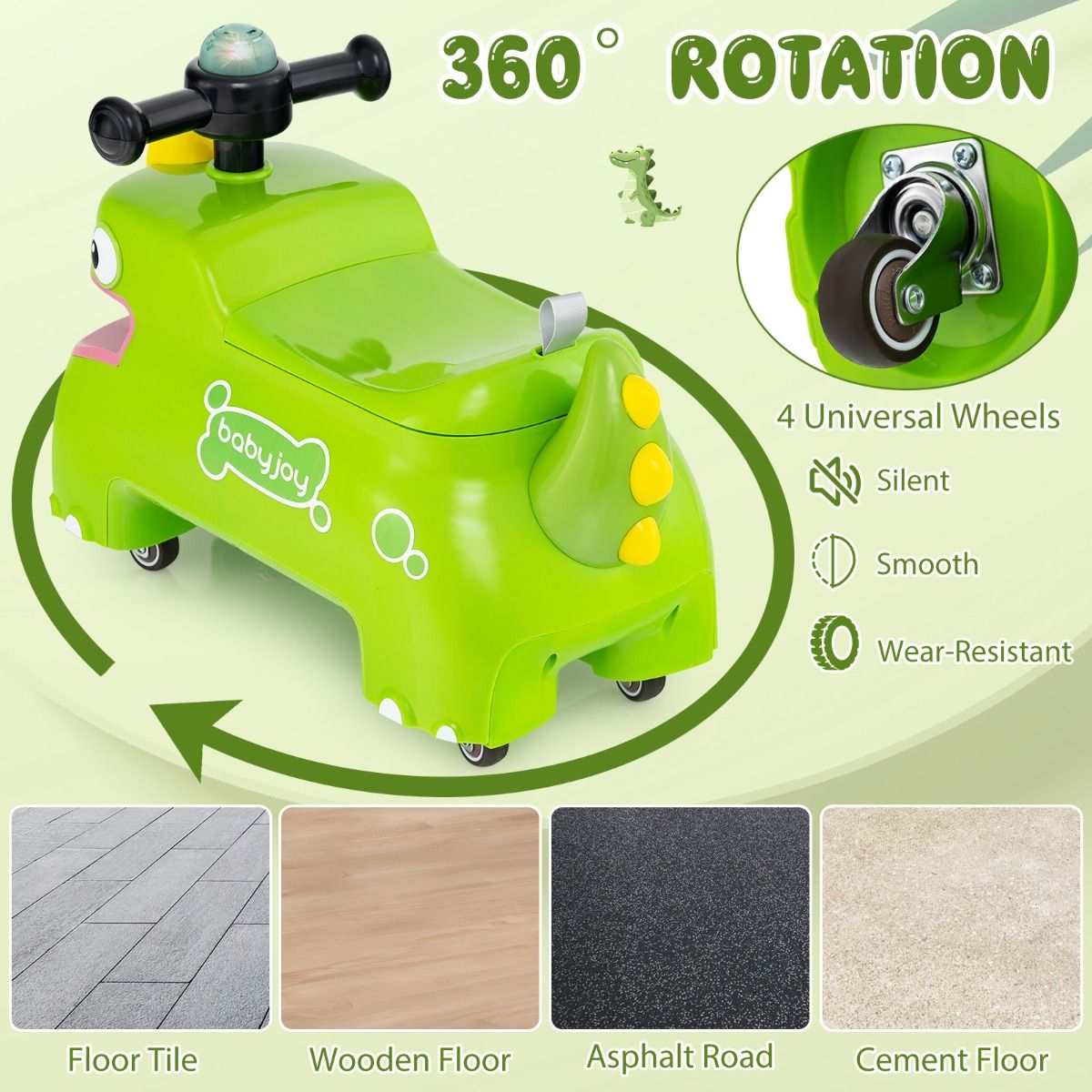 Coast Toddler Seat-Toy Vehicle with Storage, Light & Sound - Dino Design - Green - 52 × 23.5 × 38 cm