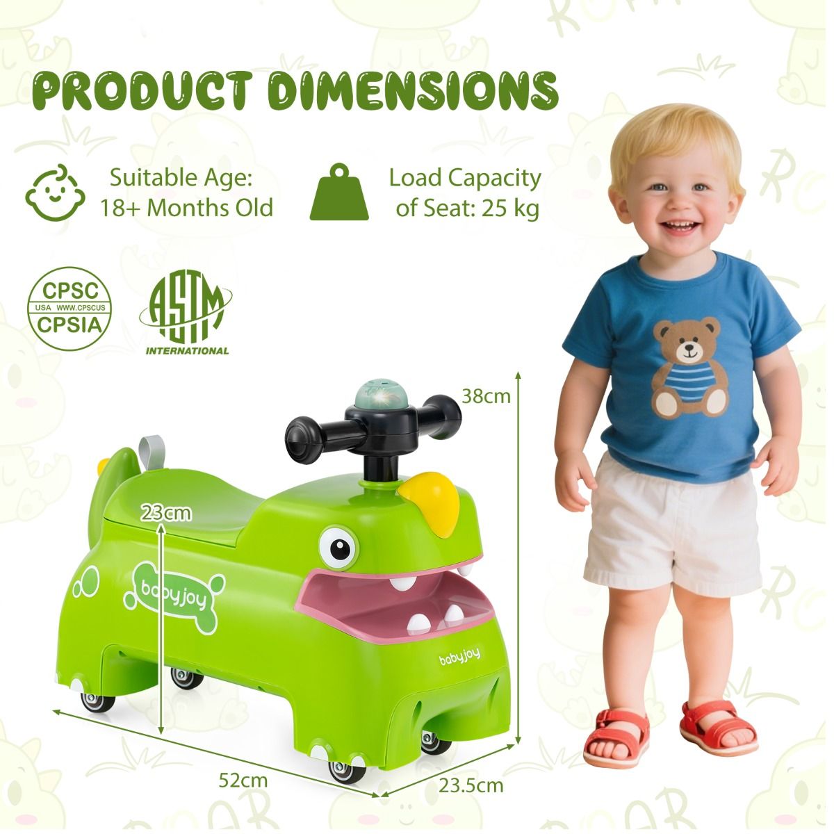Coast Toddler Seat-Toy Vehicle with Storage, Light & Sound - Dino Design - Green - 52 × 23.5 × 38 cm