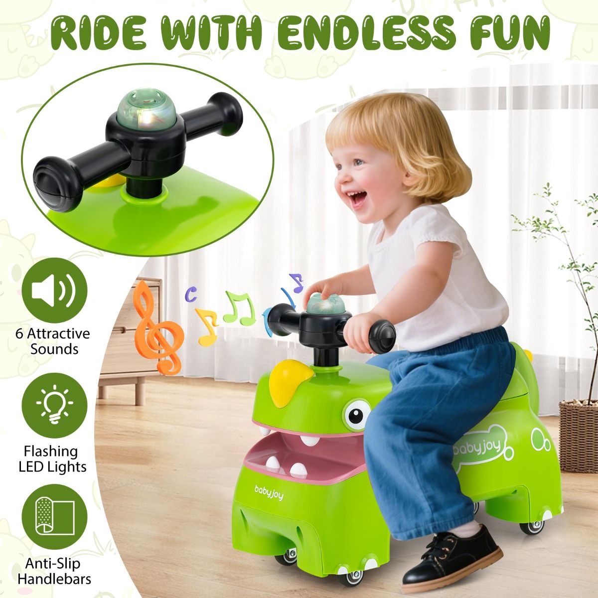 Coast Toddler Seat-Toy Vehicle with Storage, Light & Sound - Dino Design - Green - 52 × 23.5 × 38 cm
