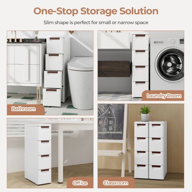Meuble de rangement étroit pour petit espace Meuble d'organisation à roulettes avec 4 tiroirs et roues intégrées Chariot en plastique pour salle de bains