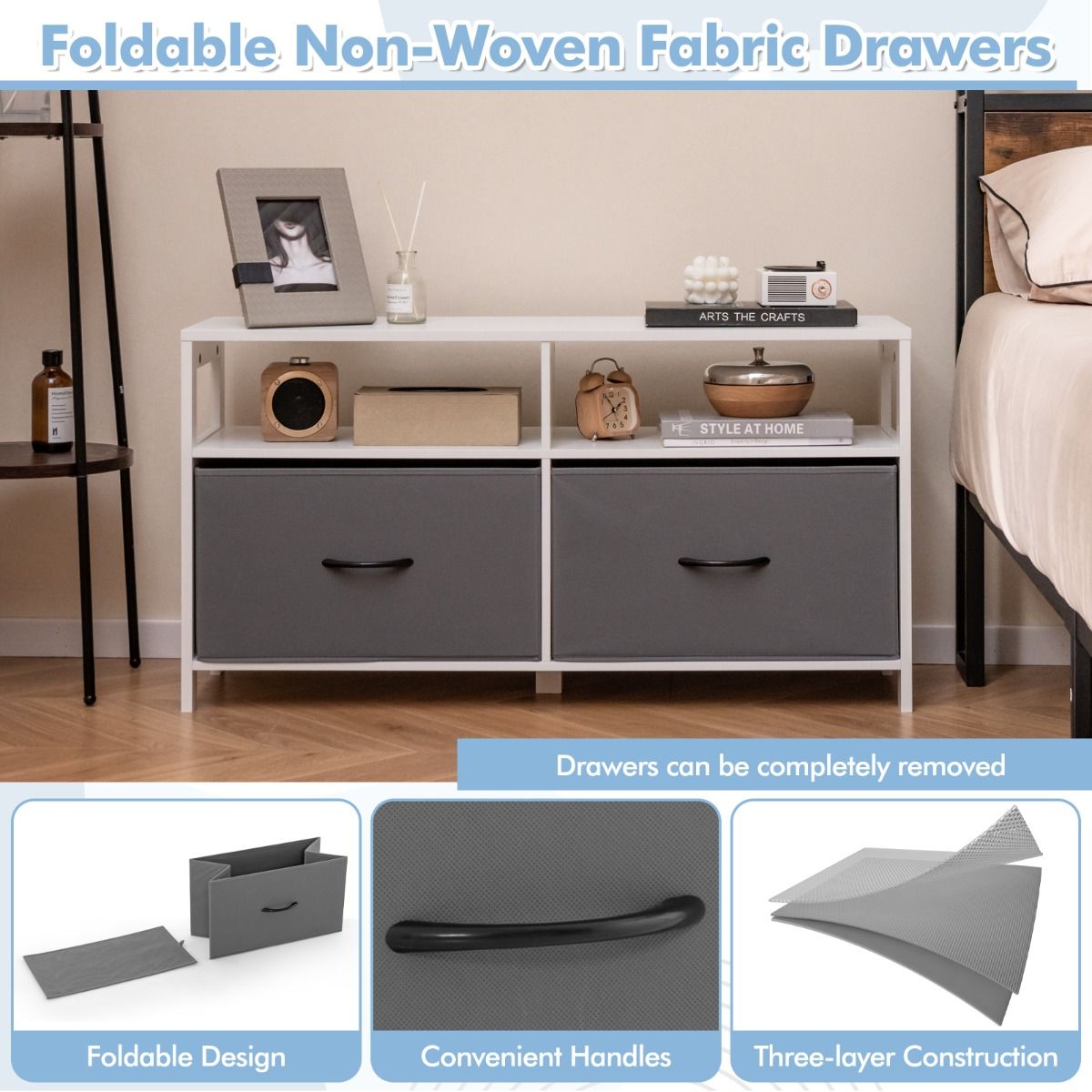 Meuble de rangement Coast - 2 tiroirs en tissu et 2 compartiments ouverts - 100 x 30 x 53 cm - MDF - Blanc