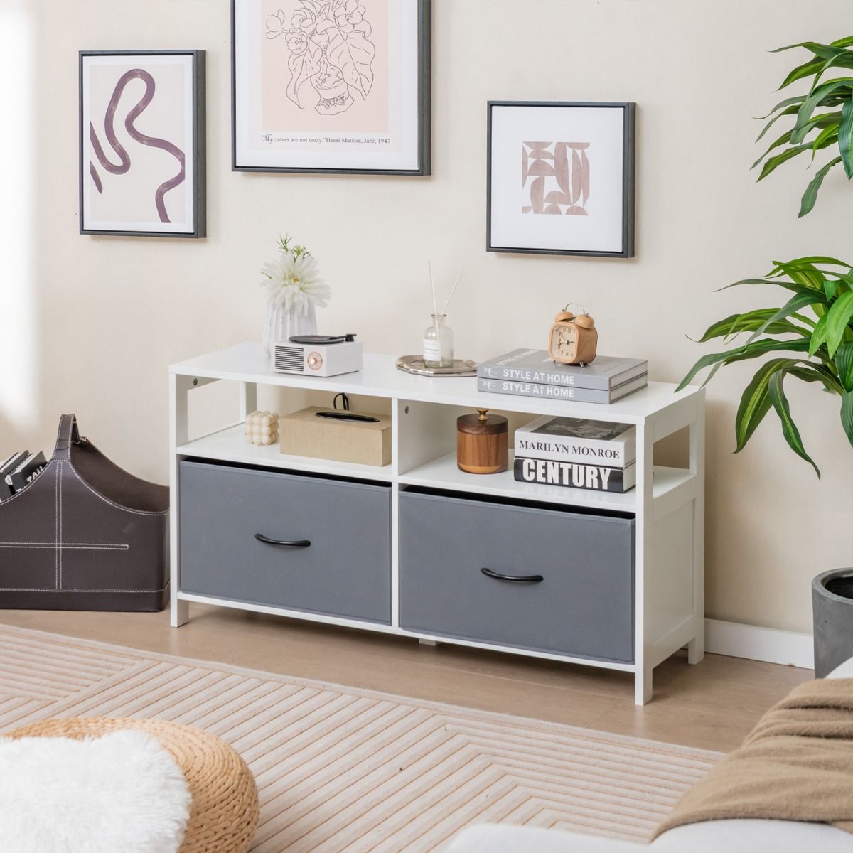 Meuble de rangement Coast - 2 tiroirs en tissu et 2 compartiments ouverts - 100 x 30 x 53 cm - MDF - Blanc