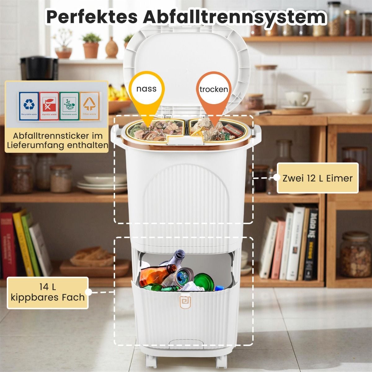 Coast Waste Bin 38L White - 43 x 29 x 74.5 cm - Avec 2 bacs amovibles, plateau basculant et roues