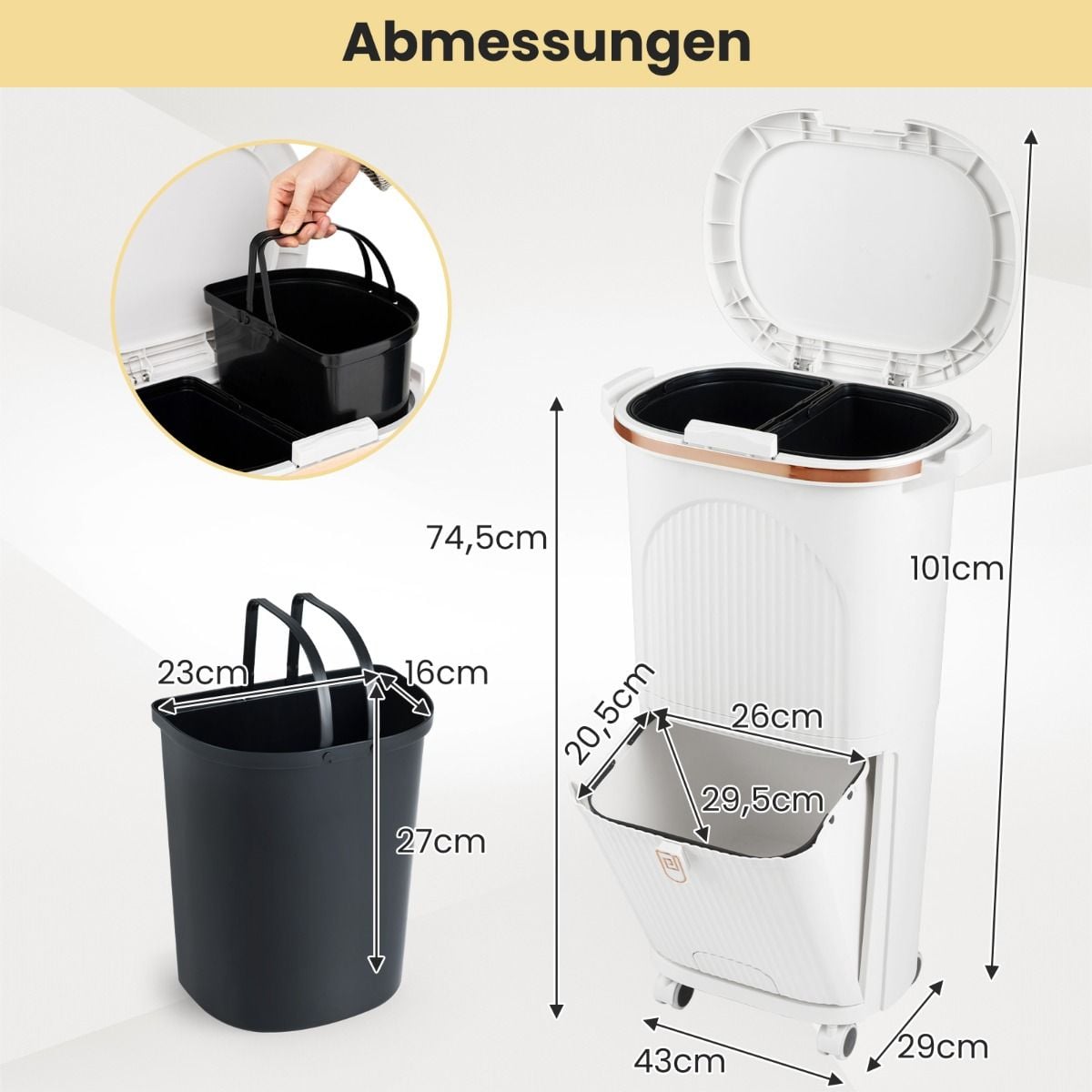 Coast Waste Bin 38L White - 43 x 29 x 74.5 cm - Avec 2 bacs amovibles, plateau basculant et roues