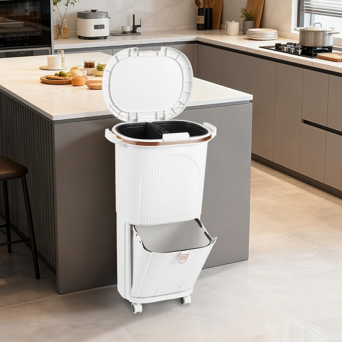 Coast Waste Bin 38L White - 43 x 29 x 74.5 cm - Avec 2 bacs amovibles, plateau basculant et roues