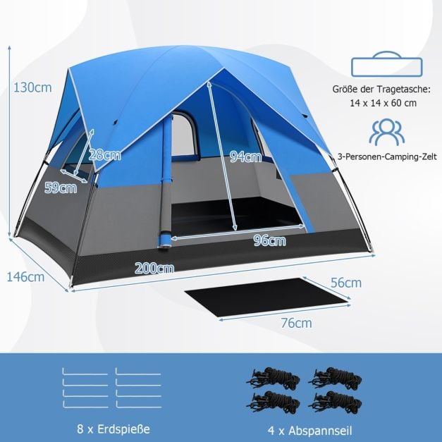 Tente de camping Coast 3 personnes - imperméable avec housse de pluie et sac de transport 200 x 146 x 130 cm - Bleu/Noir