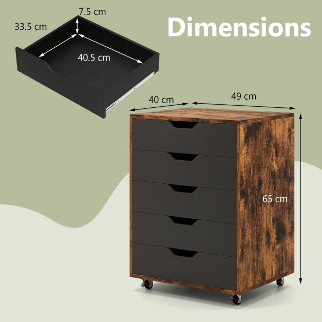 Coast Roller Cabinet Rustic Brown/Black - Armoire à archives mobile avec 5 tiroirs - 49 x 40 x 65 cm