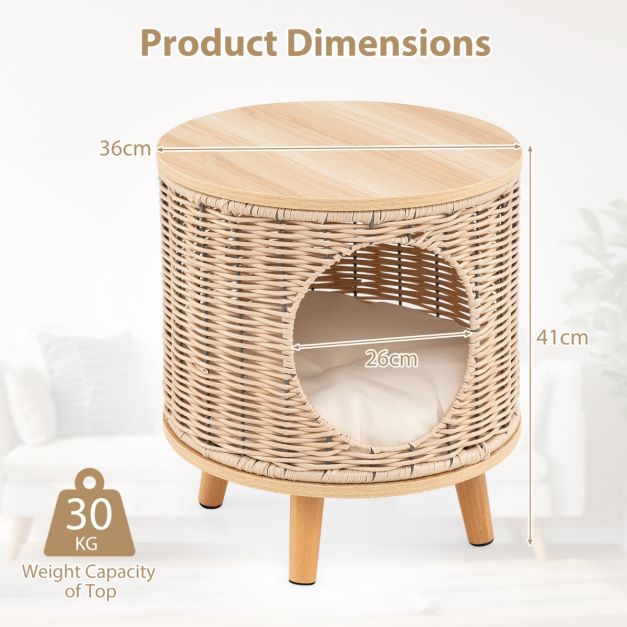 Maison pour chat Coast - Rotin - 36 x 41 cm - Coussin amovible - Pieds en bois - Lit pour chat - Meubles d'intérieur pour chat - Nature