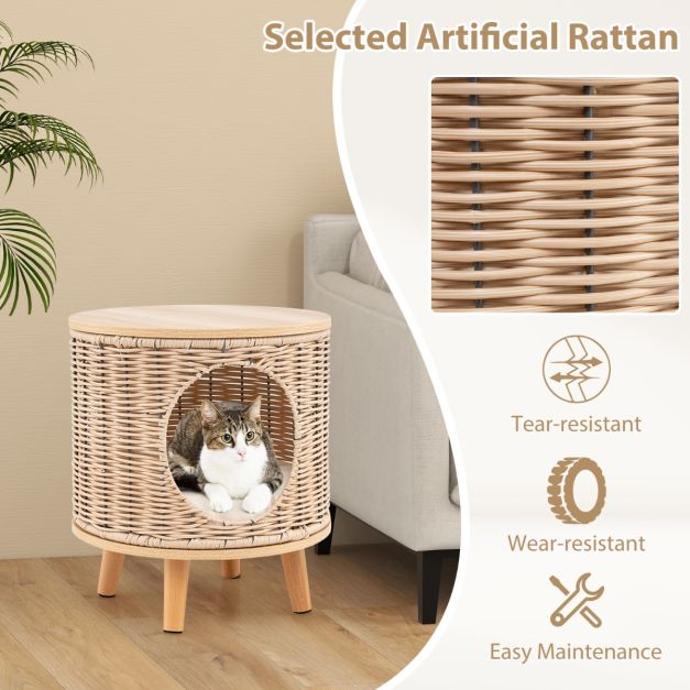 Maison pour chat Coast - Rotin - 36 x 41 cm - Coussin amovible - Pieds en bois - Lit pour chat - Meubles d'intérieur pour chat - Nature