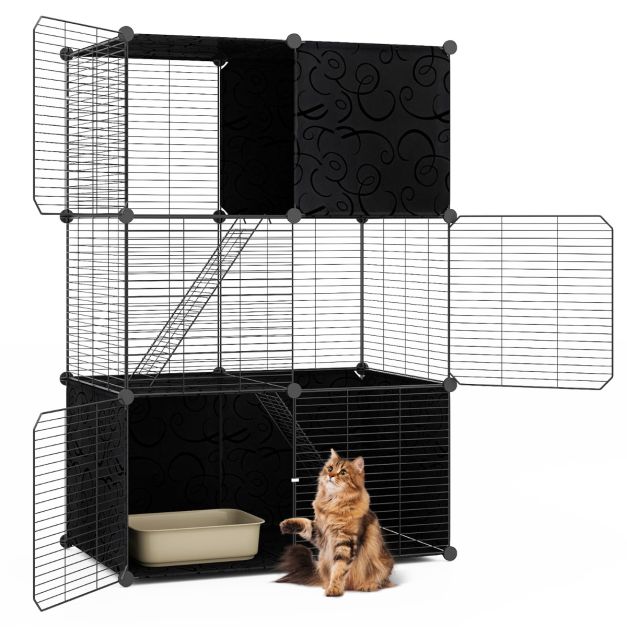 Cage à chat Coast - 3 étages - 74 x 47 x 110 cm - Bricolage - Aire de jeu - 2 rampes - Noir