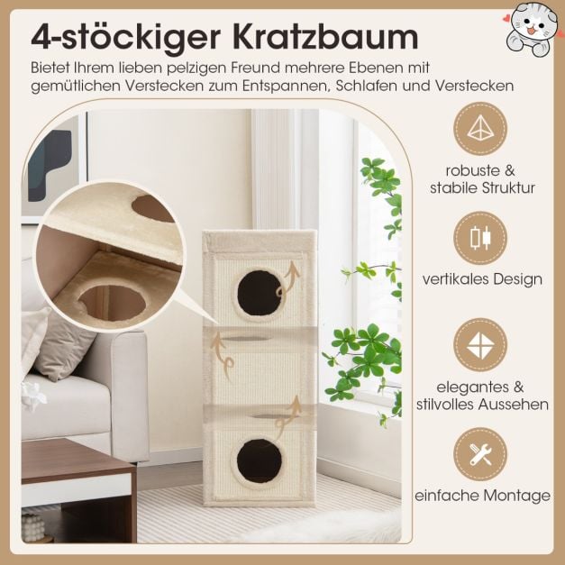 Coast Scratcher 4-Layer - Maison pour chat avec 3 terriers et coussins 40 x 40 x 99 cm - Naturel