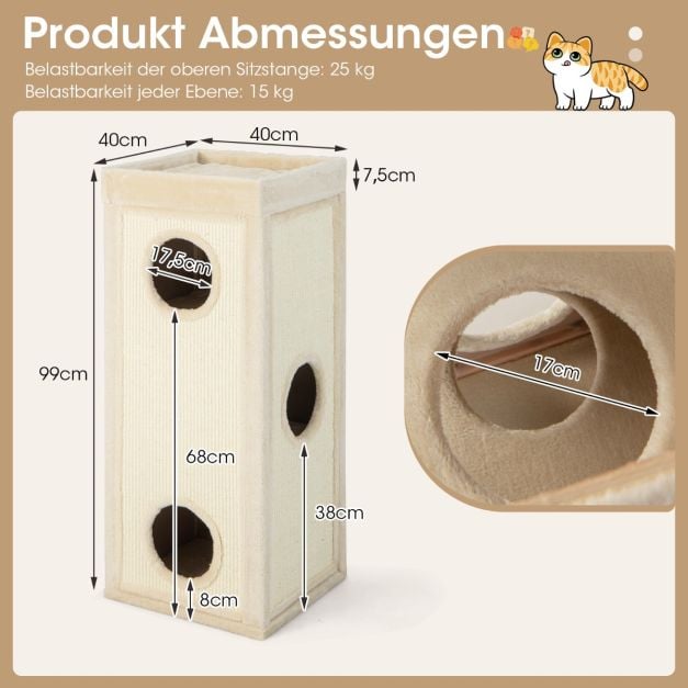 Coast Scratcher 4-Layer - Maison pour chat avec 3 terriers et coussins 40 x 40 x 99 cm - Naturel