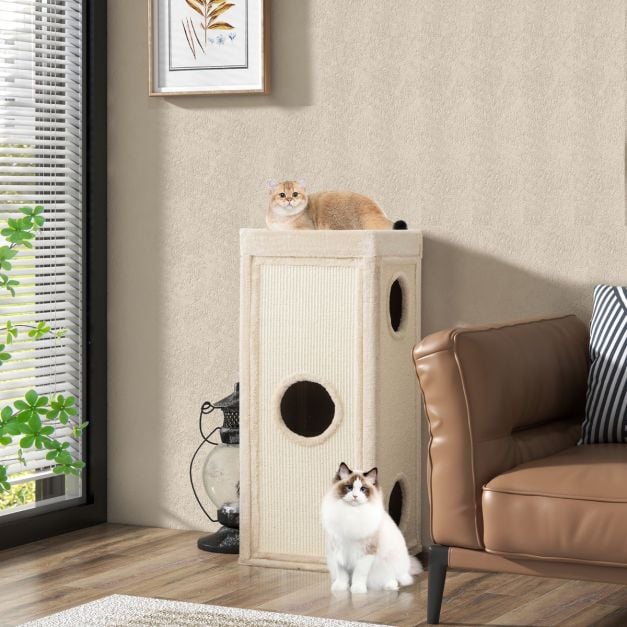 Coast Scratcher 4-Layer - Maison pour chat avec 3 terriers et coussins 40 x 40 x 99 cm - Naturel