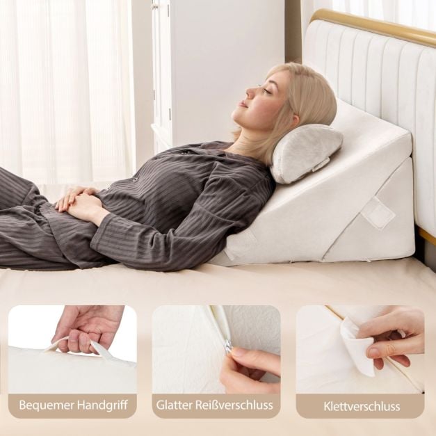 Coast Wedge Cushion Off White - 3-Piece Adjustable Backrest with Headrest and Memory Foam - 57 x 30 x 53 cm