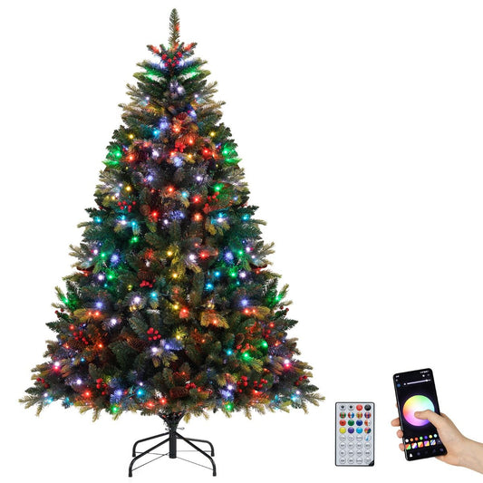Coast 180 cm Arbre de Noël Artificiel Vert - Pré-éclairé avec 370 lumières RGB - Contrôlé par APP - Avec cônes et baies rouges