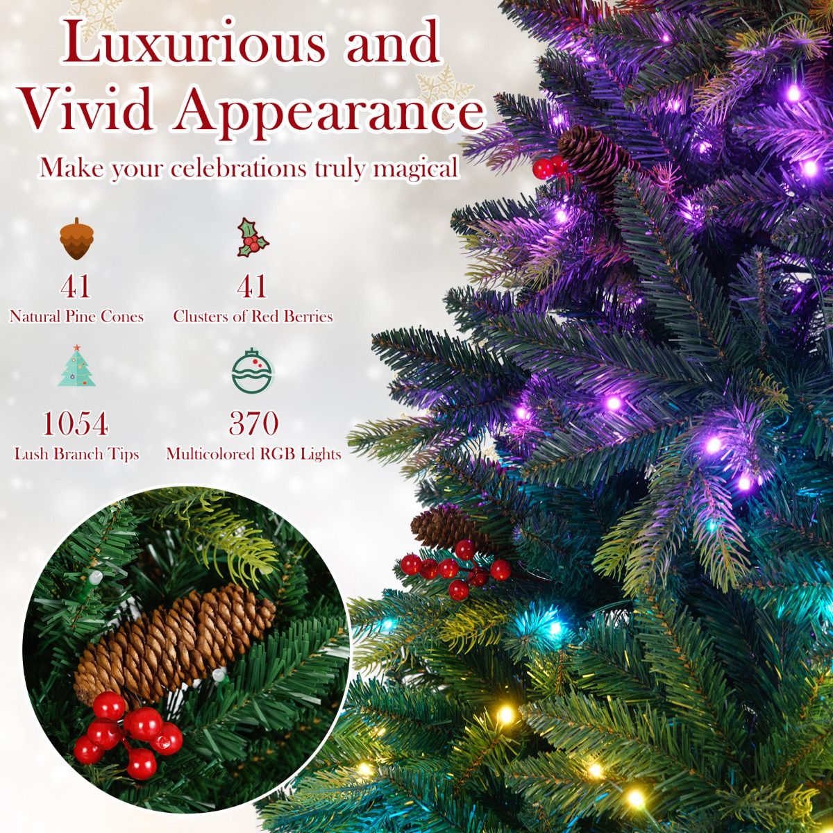 Coast Artificial Christmas Tree 180 cm Green - 118 cm Diameter - 370 RGB APP-controlled LED lights - With Pine Cones and Red Berries