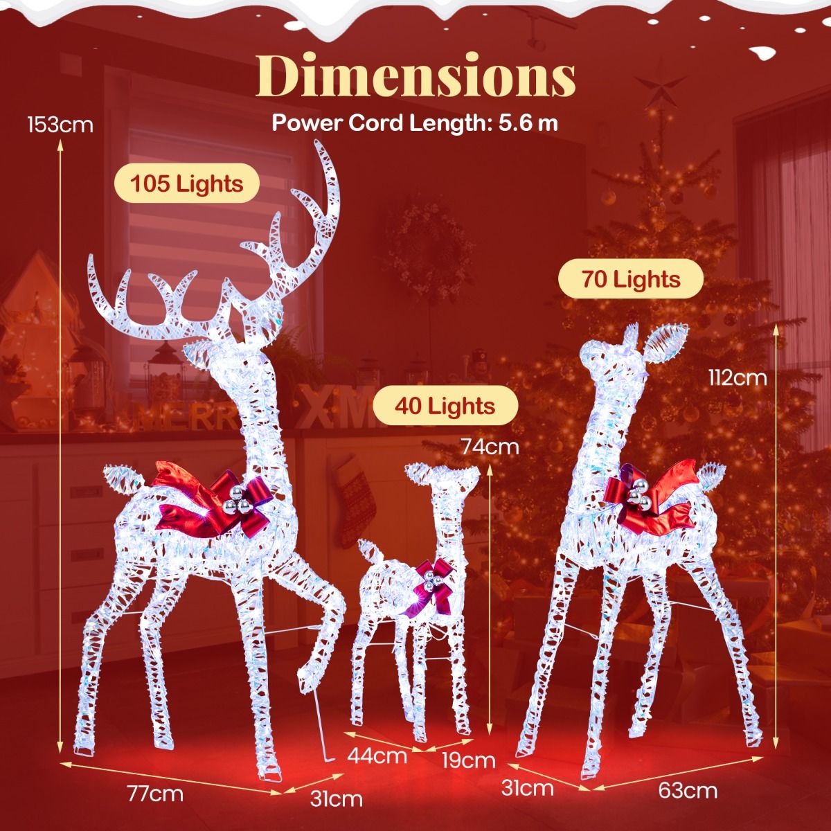 Coast 3-piece LED Reindeer family Christmas decoration - 215 LED cool white - iridescent - red accent - deer 153 cm / doe 112 cm / calf 74 cm