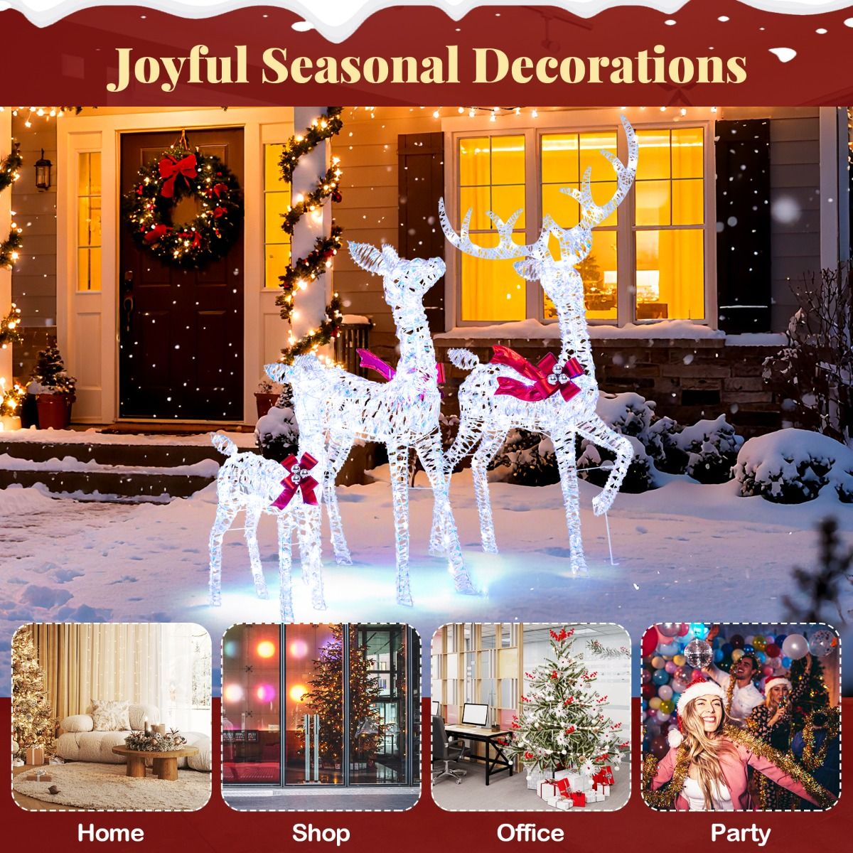 Coast 3-piece LED Reindeer family Christmas decoration - 215 LED cool white - iridescent - red accent - deer 153 cm / doe 112 cm / calf 74 cm