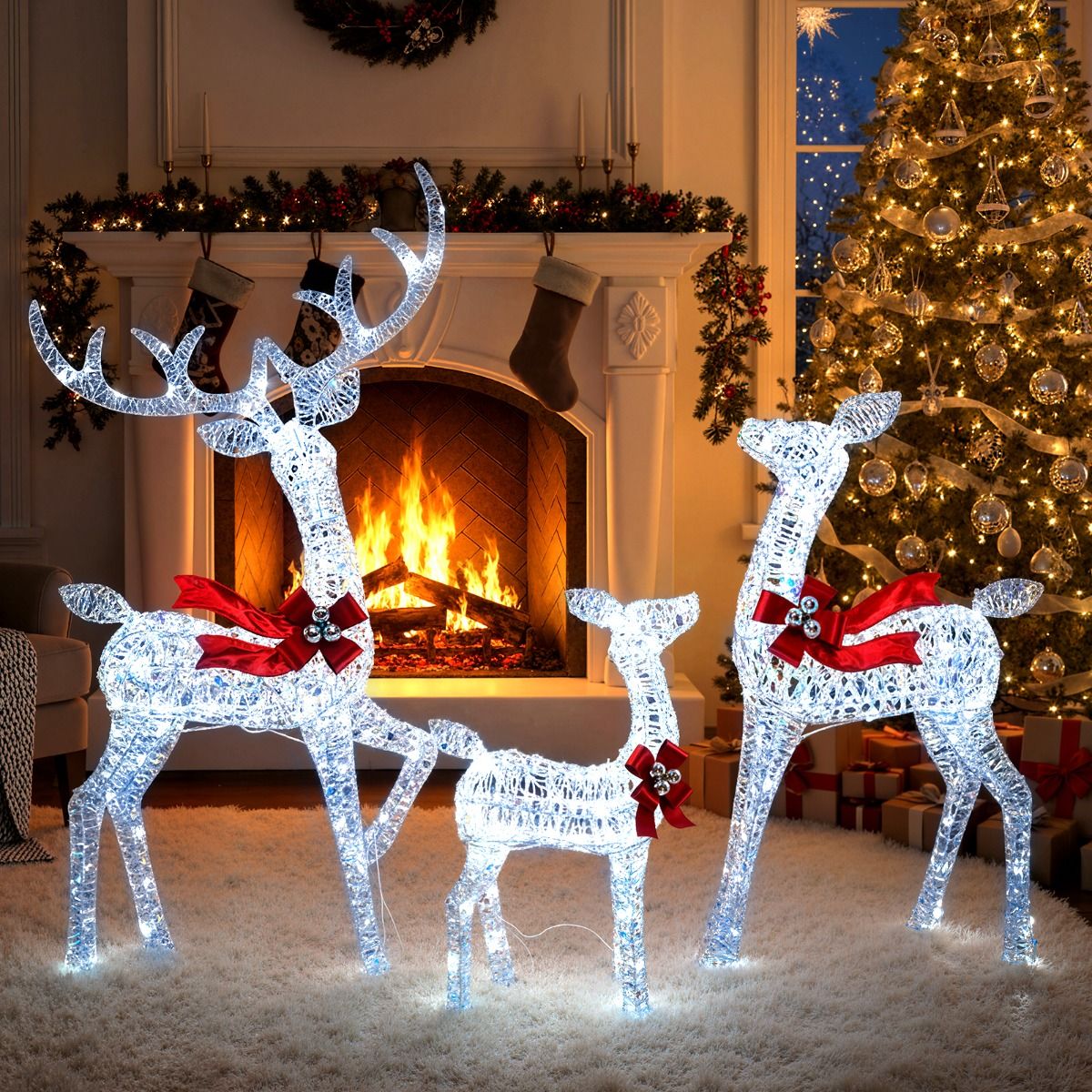 Coast 3-piece LED Reindeer family Christmas decoration - 215 LED cool white - iridescent - red accent - deer 153 cm / doe 112 cm / calf 74 cm