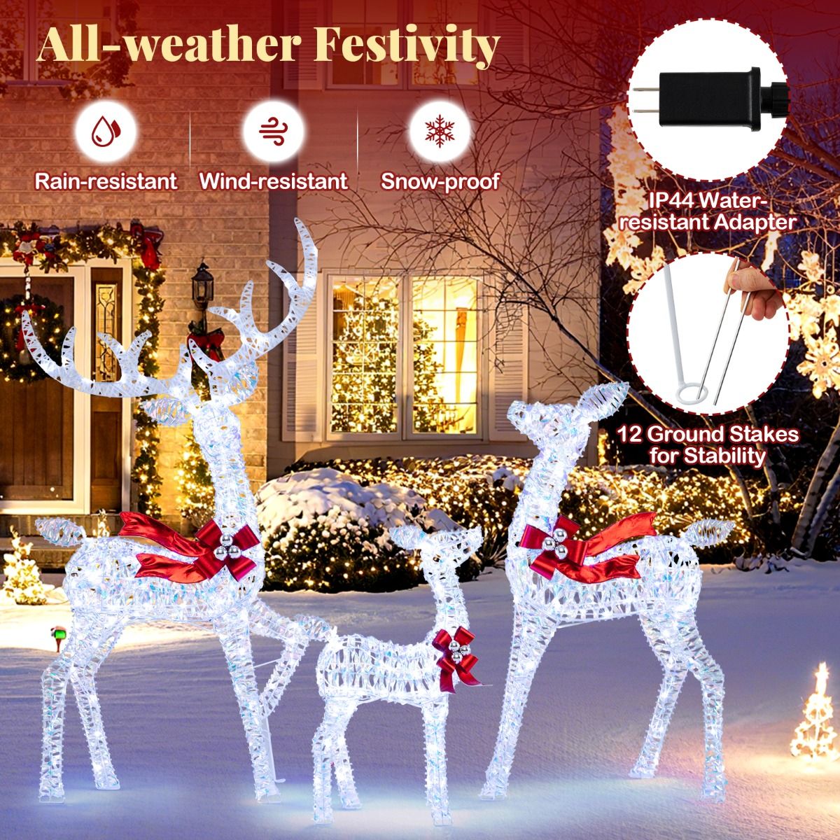 Coast 3-piece LED Reindeer family Christmas decoration - 215 LED cool white - iridescent - red accent - deer 153 cm / doe 112 cm / calf 74 cm