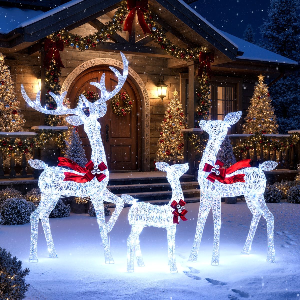 Coast 3-piece LED Reindeer family Christmas decoration - 215 LED cool white - iridescent - red accent - deer 153 cm / doe 112 cm / calf 74 cm
