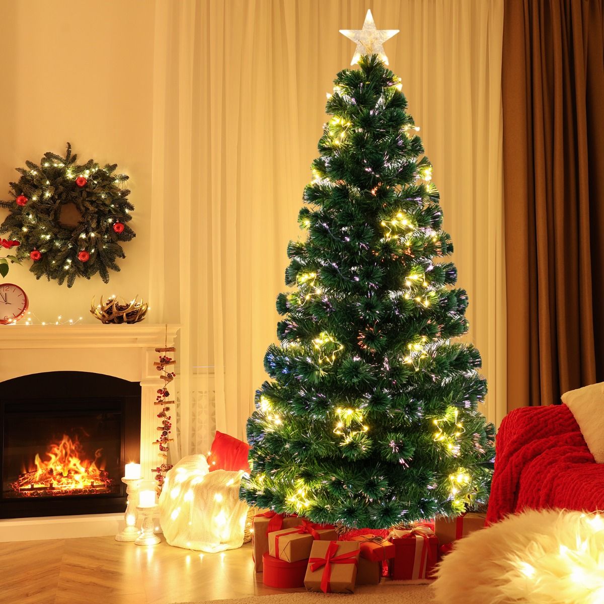 Coast Artificial Christmas Tree 180 cm Green - Fibreglass Lighting - 36 Warm White Lights - Top Star - Metal Stand