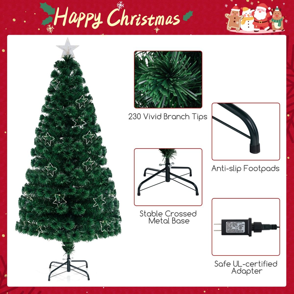 Coast Artificial Christmas Tree 180 cm Green - Fibreglass Lighting - 36 Warm White Lights - Top Star - Metal Stand