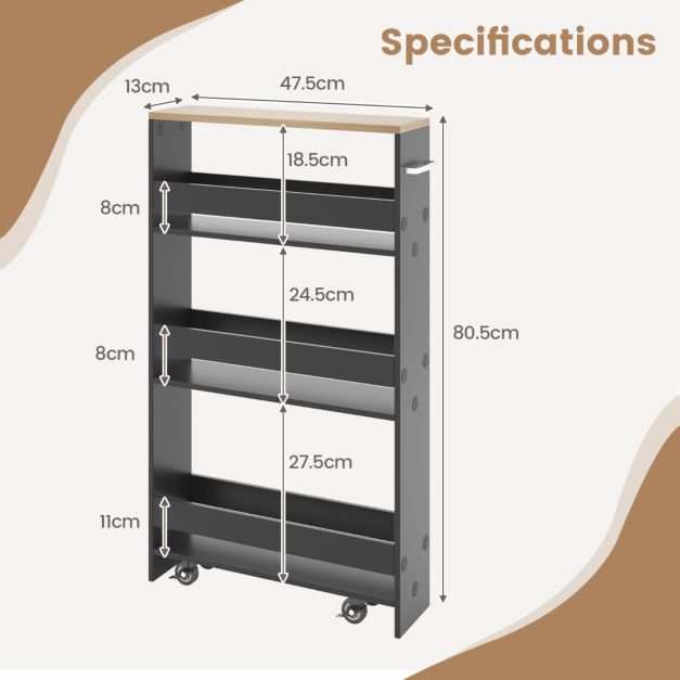 Niche Cart on Wheels Kitchen Cart Narrow Bathroom Rack with Handle Serving Cart 47.5 x 13 x 80.5 cm Grey + Nature