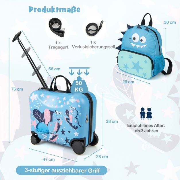 Coast Children's Dinosaur Suitcase Set - 2-Piece Travel Set with 18 Inch Seat Case and Backpack - 47 x 23 x 38 cm