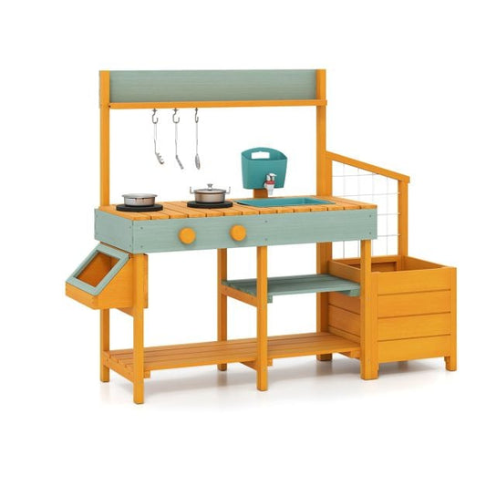 Coast Mud Kitchen Yellow/Light Green - Cuisine en bois pour enfants avec fonction eau, bac à plantes et échelle d'escalade - 115 x 34,5 x 92 cm