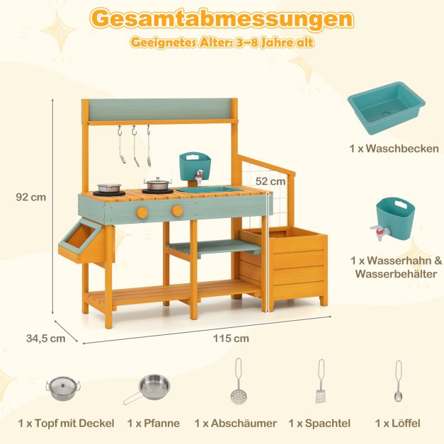 Coast Mud Kitchen Yellow/Light Green - Cuisine en bois pour enfants avec fonction eau, bac à plantes et échelle d'escalade - 115 x 34,5 x 92 cm