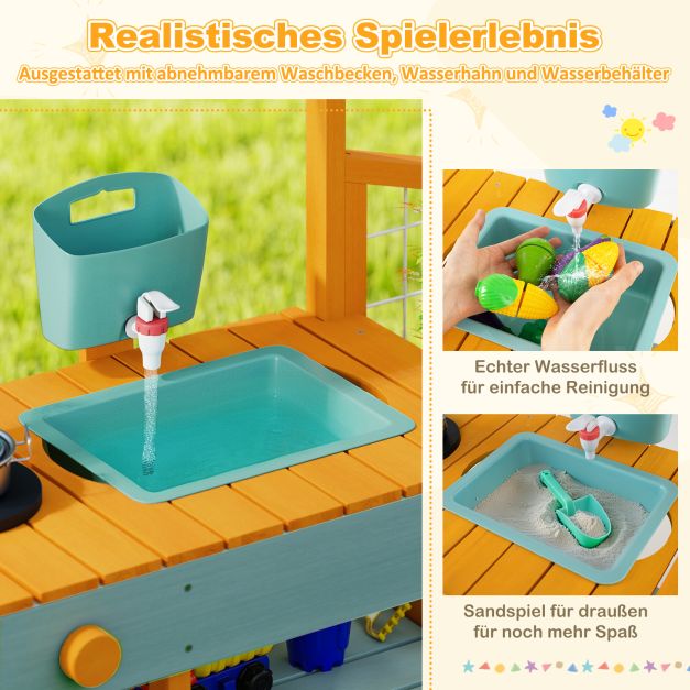 Coast Mud Kitchen Yellow/Light Green - Cuisine en bois pour enfants avec fonction eau, bac à plantes et échelle d'escalade - 115 x 34,5 x 92 cm