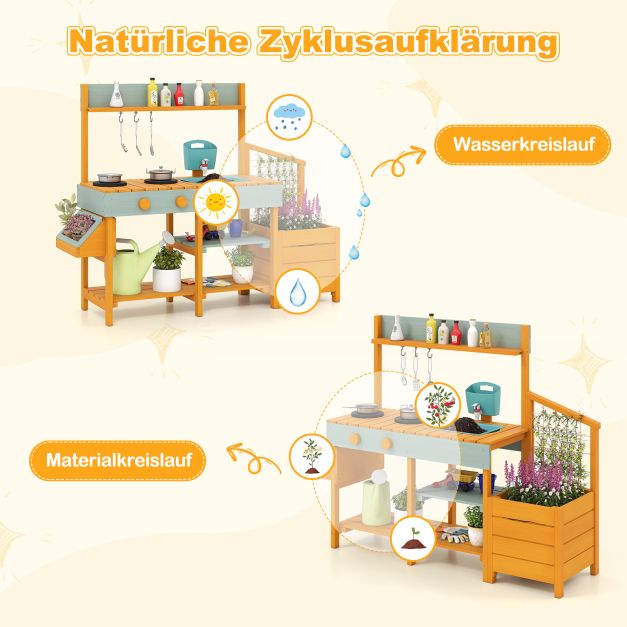 Coast Mud Kitchen Yellow/Light Green - Cuisine en bois pour enfants avec fonction eau, bac à plantes et échelle d'escalade - 115 x 34,5 x 92 cm