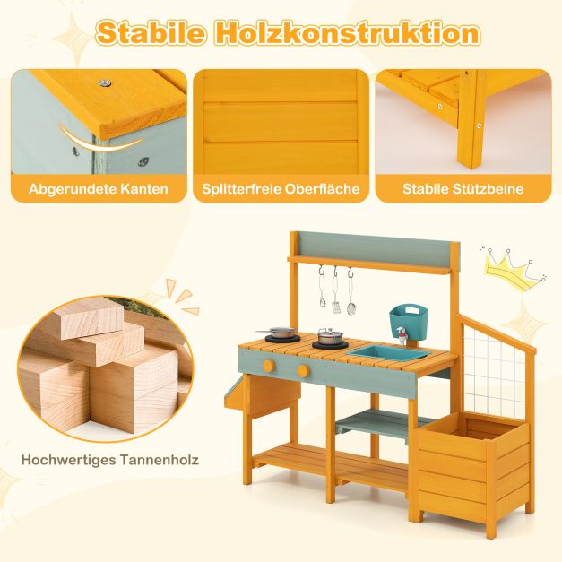Coast Mud Kitchen Yellow/Light Green - Cuisine en bois pour enfants avec fonction eau, bac à plantes et échelle d'escalade - 115 x 34,5 x 92 cm