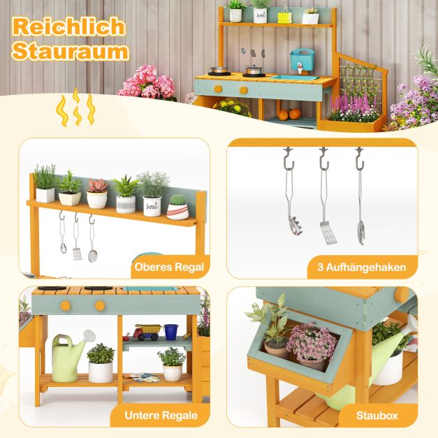 Coast Mud Kitchen Yellow/Light Green - Cuisine en bois pour enfants avec fonction eau, bac à plantes et échelle d'escalade - 115 x 34,5 x 92 cm
