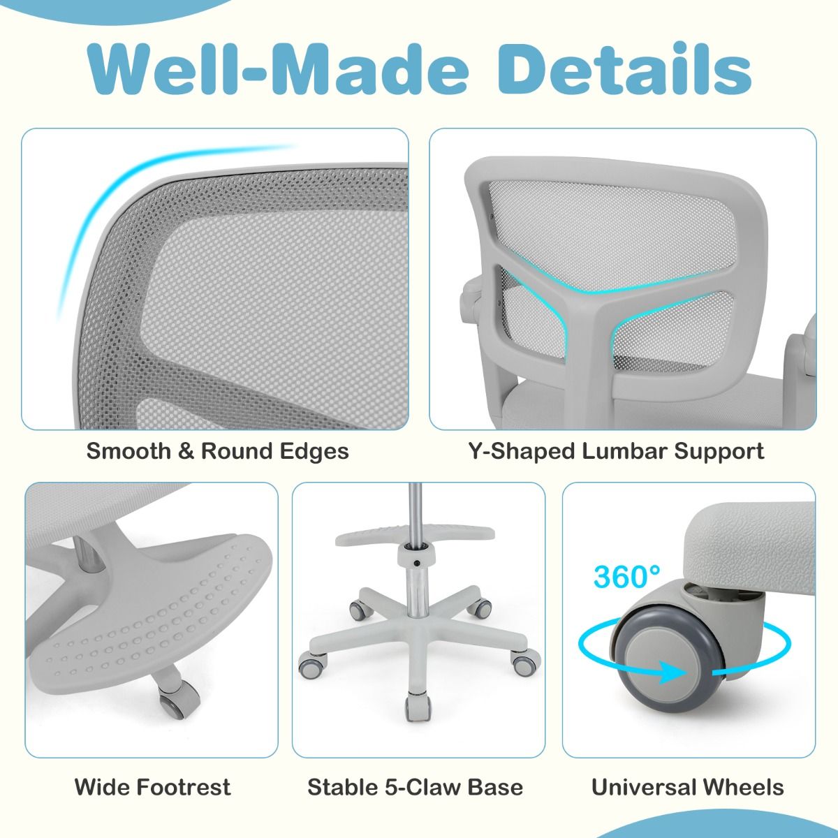 Chaise de bureau pour enfants Coast Ergonomiquement réglable avec roues et repose-pieds - Hauteur d'assise 41-52 cm - Gris - 57 x 55 x 80-91 cm