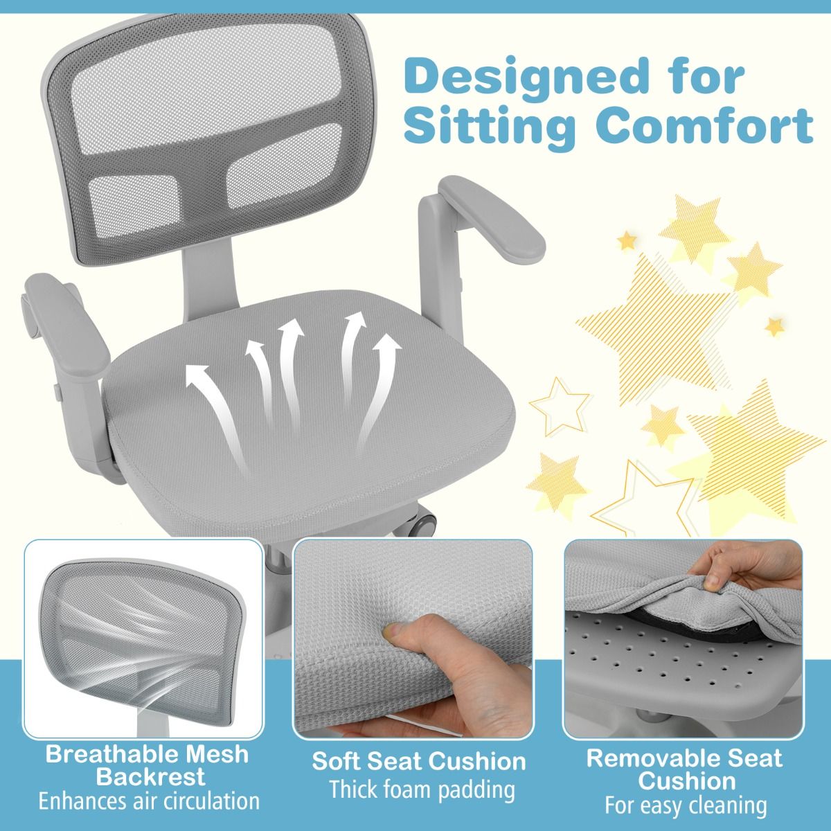 Chaise de bureau pour enfants Coast Ergonomiquement réglable avec roues et repose-pieds - Hauteur d'assise 41-52 cm - Gris - 57 x 55 x 80-91 cm