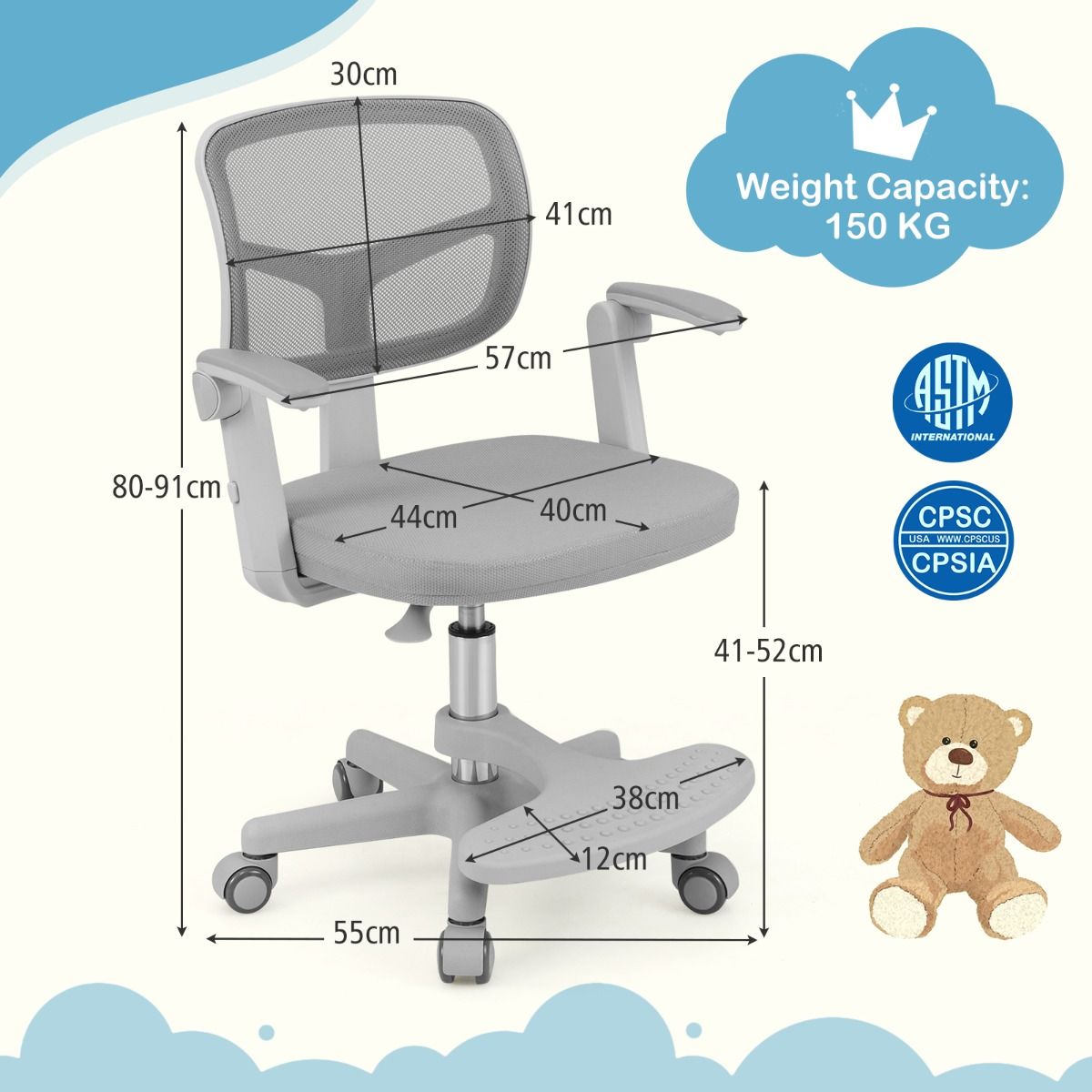 Chaise de bureau pour enfants Coast Ergonomiquement réglable avec roues et repose-pieds - Hauteur d'assise 41-52 cm - Gris - 57 x 55 x 80-91 cm