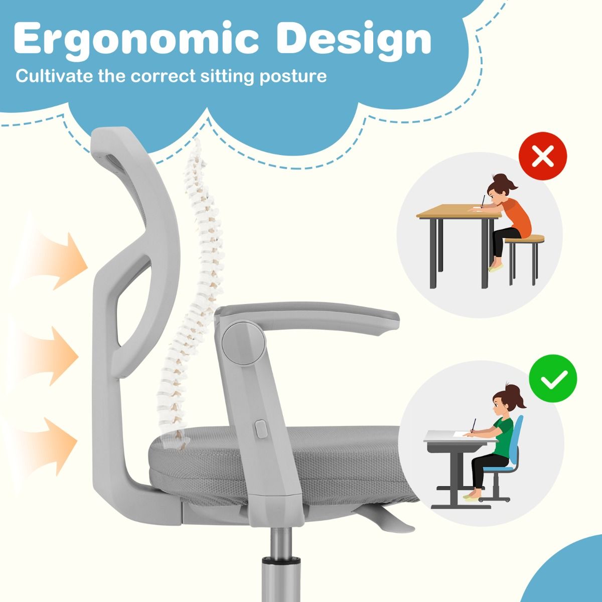 Chaise de bureau pour enfants Coast Ergonomiquement réglable avec roues et repose-pieds - Hauteur d'assise 41-52 cm - Gris - 57 x 55 x 80-91 cm