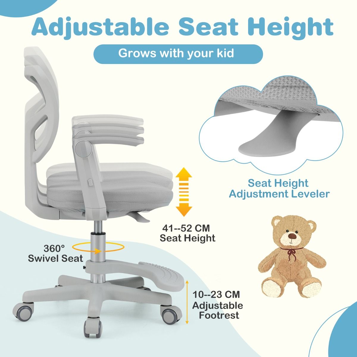 Chaise de bureau pour enfants Coast Ergonomiquement réglable avec roues et repose-pieds - Hauteur d'assise 41-52 cm - Gris - 57 x 55 x 80-91 cm