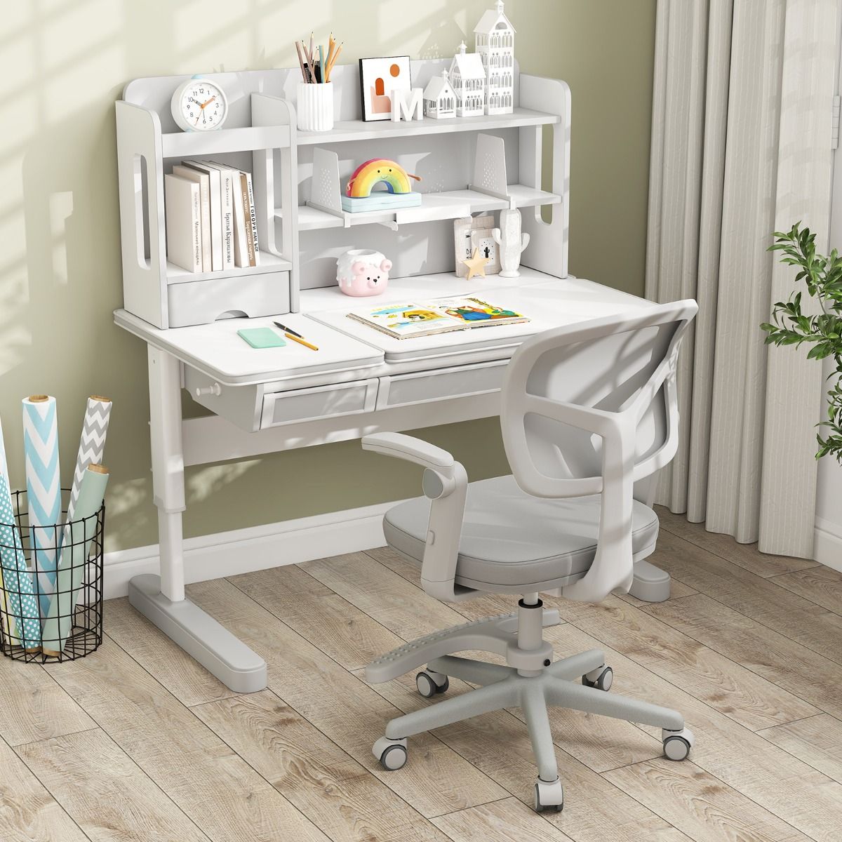 Chaise de bureau pour enfants Coast Ergonomiquement réglable avec roues et repose-pieds - Hauteur d'assise 41-52 cm - Gris - 57 x 55 x 80-91 cm