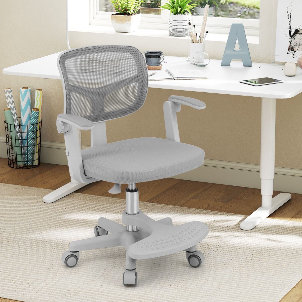 Chaise de bureau pour enfants Coast Ergonomiquement réglable avec roues et repose-pieds - Hauteur d'assise 41-52 cm - Gris - 57 x 55 x 80-91 cm