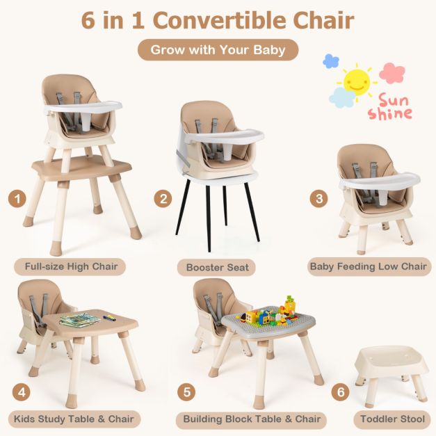 Chaise haute Coast - 6in1 - Réglable - Sécurisée - Bloc de construction - 58x58x98cm - Gris clair