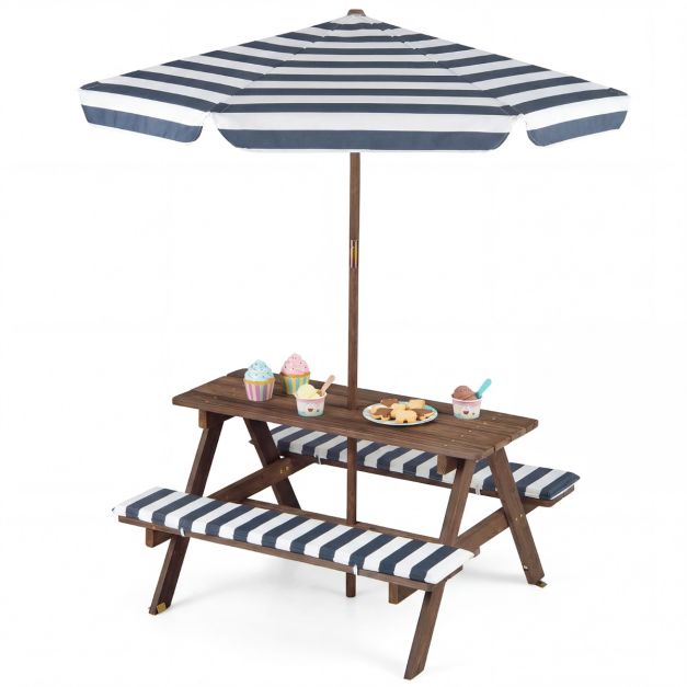 Coast Groupe de sièges pour enfants - Table de pique-nique - Parasol - Coussins d'assise - 91 x 80 x 50 cm - Bleu marine Blanc Naturel