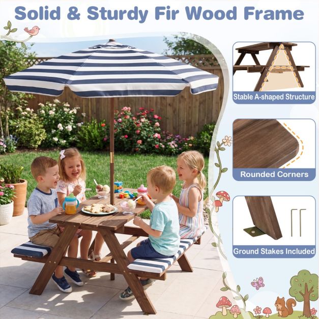 Coast Groupe de sièges pour enfants - Table de pique-nique - Parasol - Coussins d'assise - 91 x 80 x 50 cm - Bleu marine Blanc Naturel