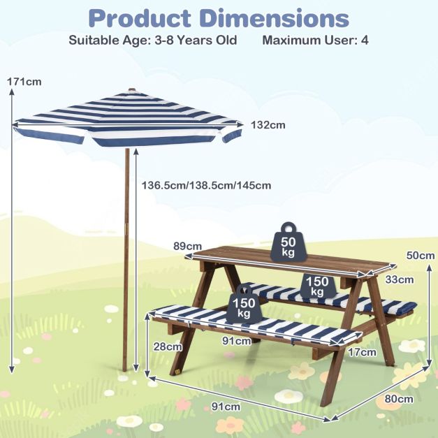 Coast Groupe de sièges pour enfants - Table de pique-nique - Parasol - Coussins d'assise - 91 x 80 x 50 cm - Bleu marine Blanc Naturel
